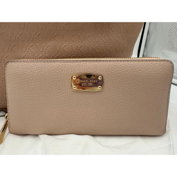 Michael Kors Handbag & Wallet Set Monogram Shiny Peach Tan Leather Gold Plate - Picture 3 of 16